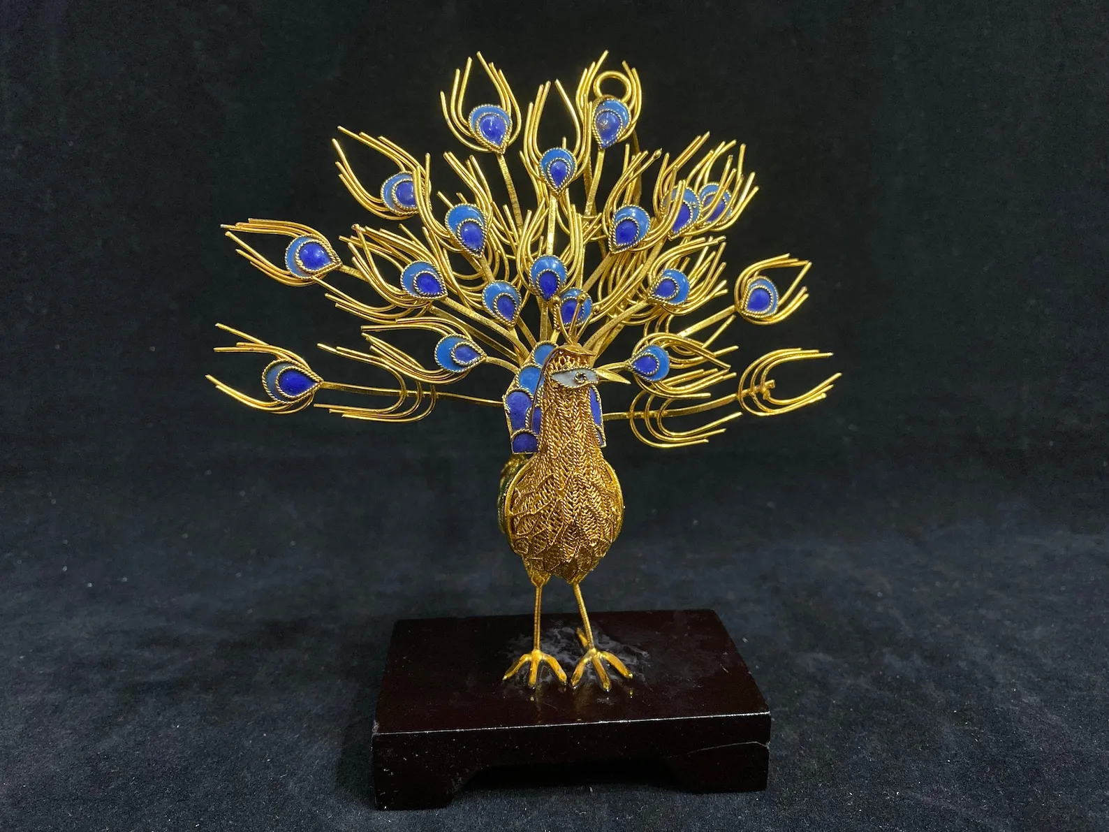 Golden Peacock Cloisonne Enamel Decor with Wooden Base - Chinese Art Piece