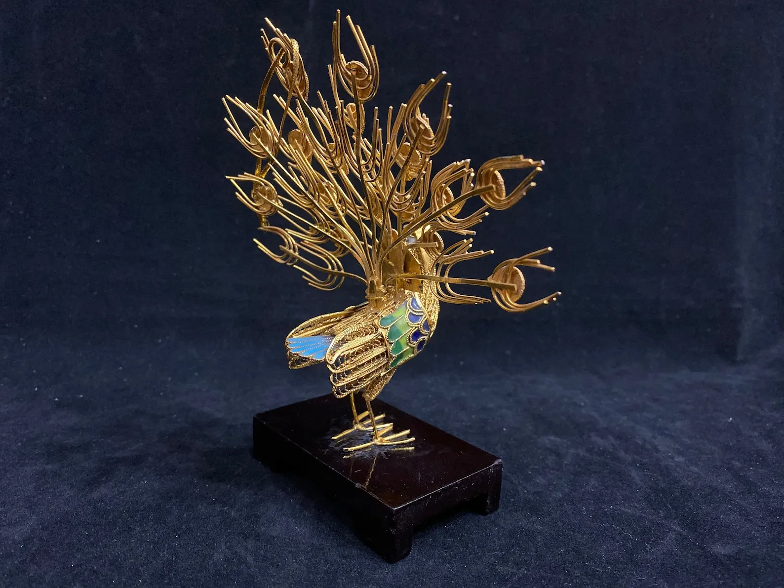 Golden Peacock Cloisonne Enamel Decor with Wooden Base - Chinese Art Piece - Image 2
