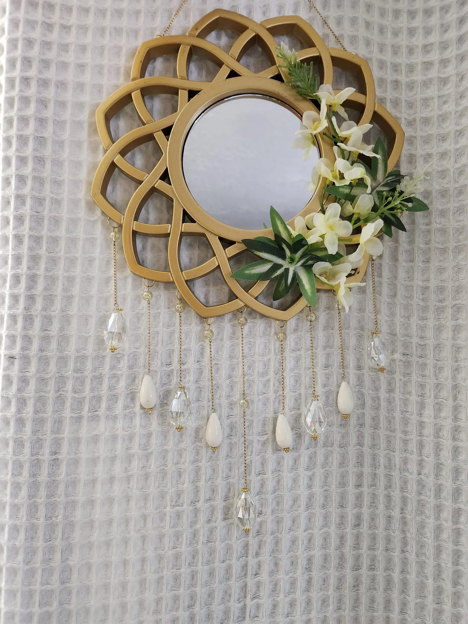 Beaded crystal mirror- Golden Flower